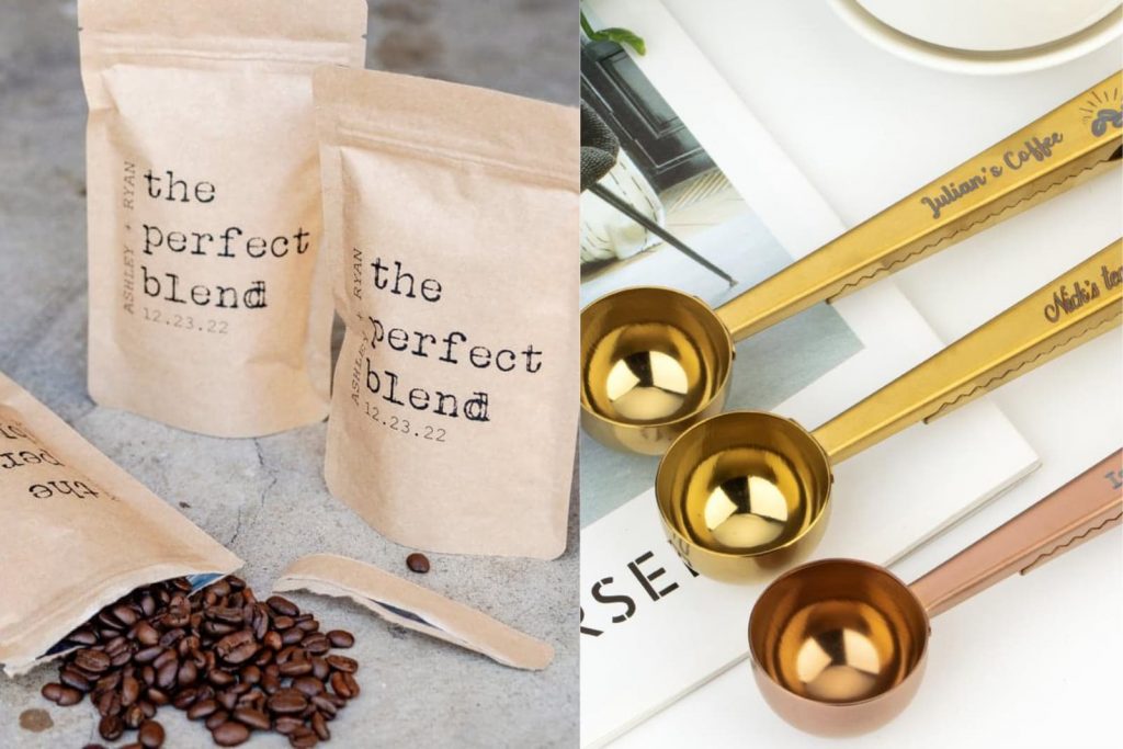 Left: GiveItPretty Perfect Blend Coffee Favor Bag Right: DyrCo Custom Coffee Spoon with Clip Personalized Coffee Scoop