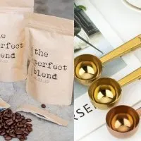 Left: GiveItPretty Perfect Blend Coffee Favor Bag Right: DyrCo Custom Coffee Spoon with Clip Personalized Coffee Scoop