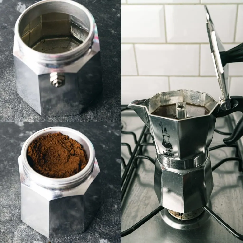 How to Use a Coffee Percolator. Top left base of the Moka pot with water, bottom left basket added with coffee ground. Right side, percolator full of coffee. 