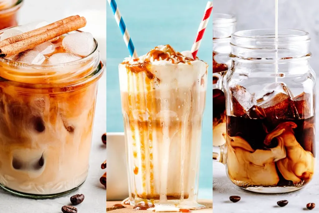 Three iced coffee drinks, left cinnamon latte, middle, caramel iced coffee and right thai iced coffee.